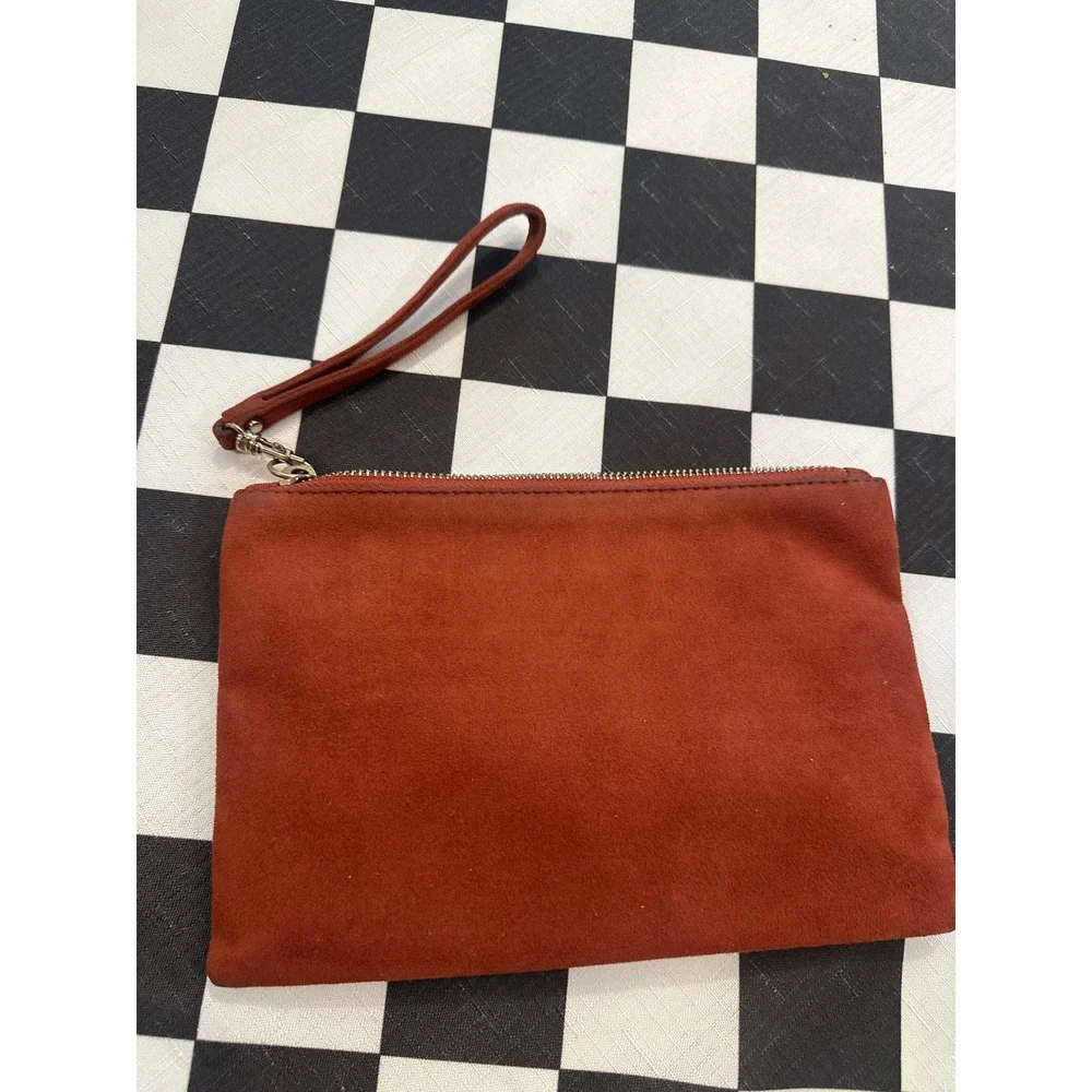 Express Rust Orange Suede Wristlet Clutch Bag Gold Hardware Zipper Pouch